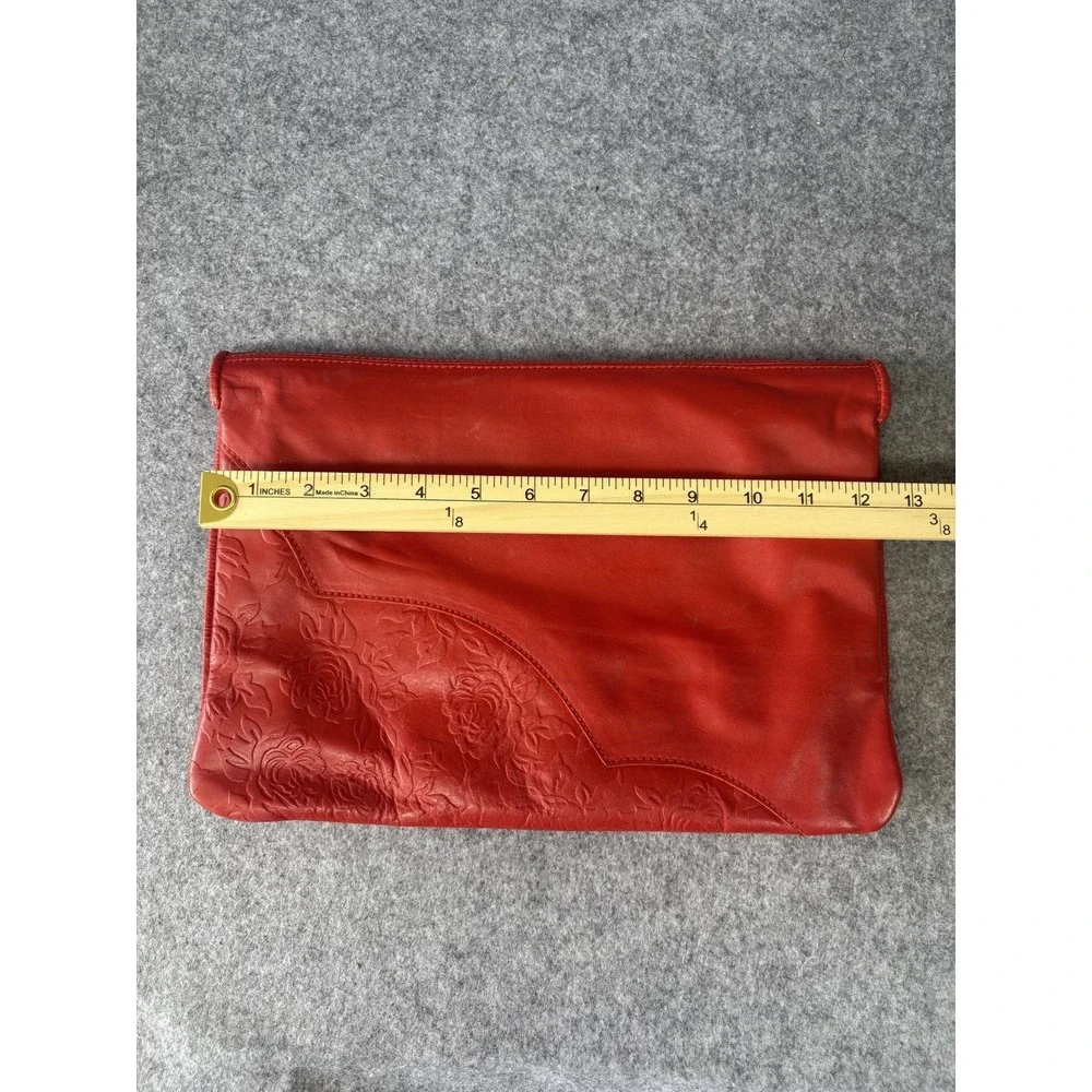 Barganza Floral Embossed Clutch Medium Red Leather‎ Rose Detail Handbag
